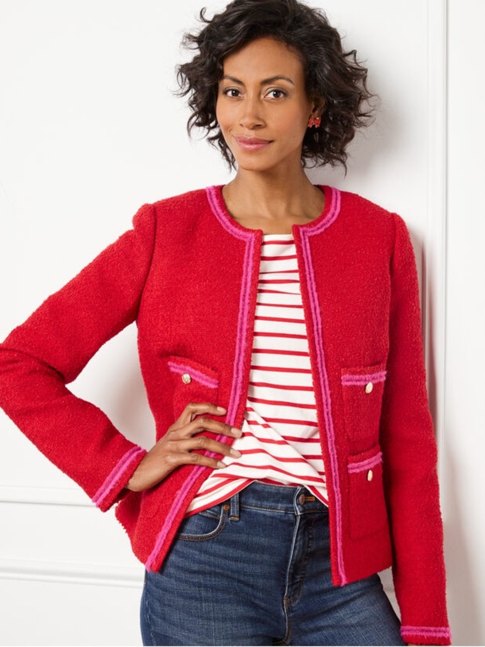 Talbots red Bouclé Tweed Jacket Pink Trim 4 Pocket Blazer